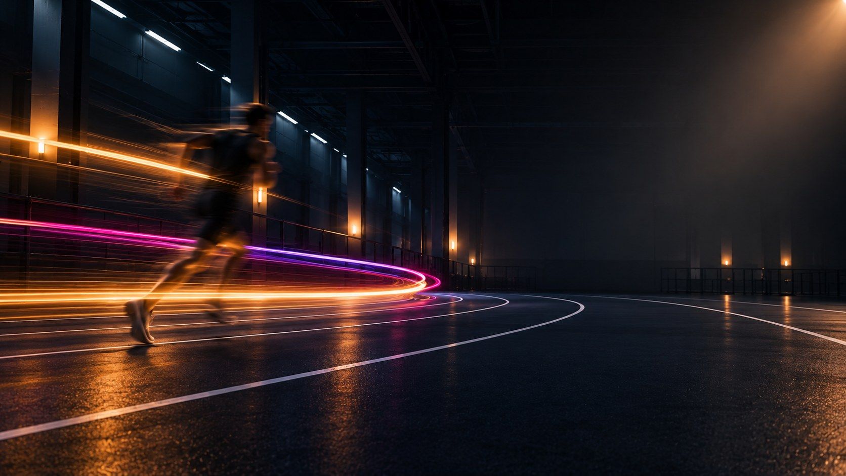 A runner on an indoor track at night, rendered as a streak of motion with a trail of gold, magenta and violet light behind.